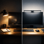 Comparison between a desk lamp and a monitor light bar showing differences in desk lighting comfort during long work hours