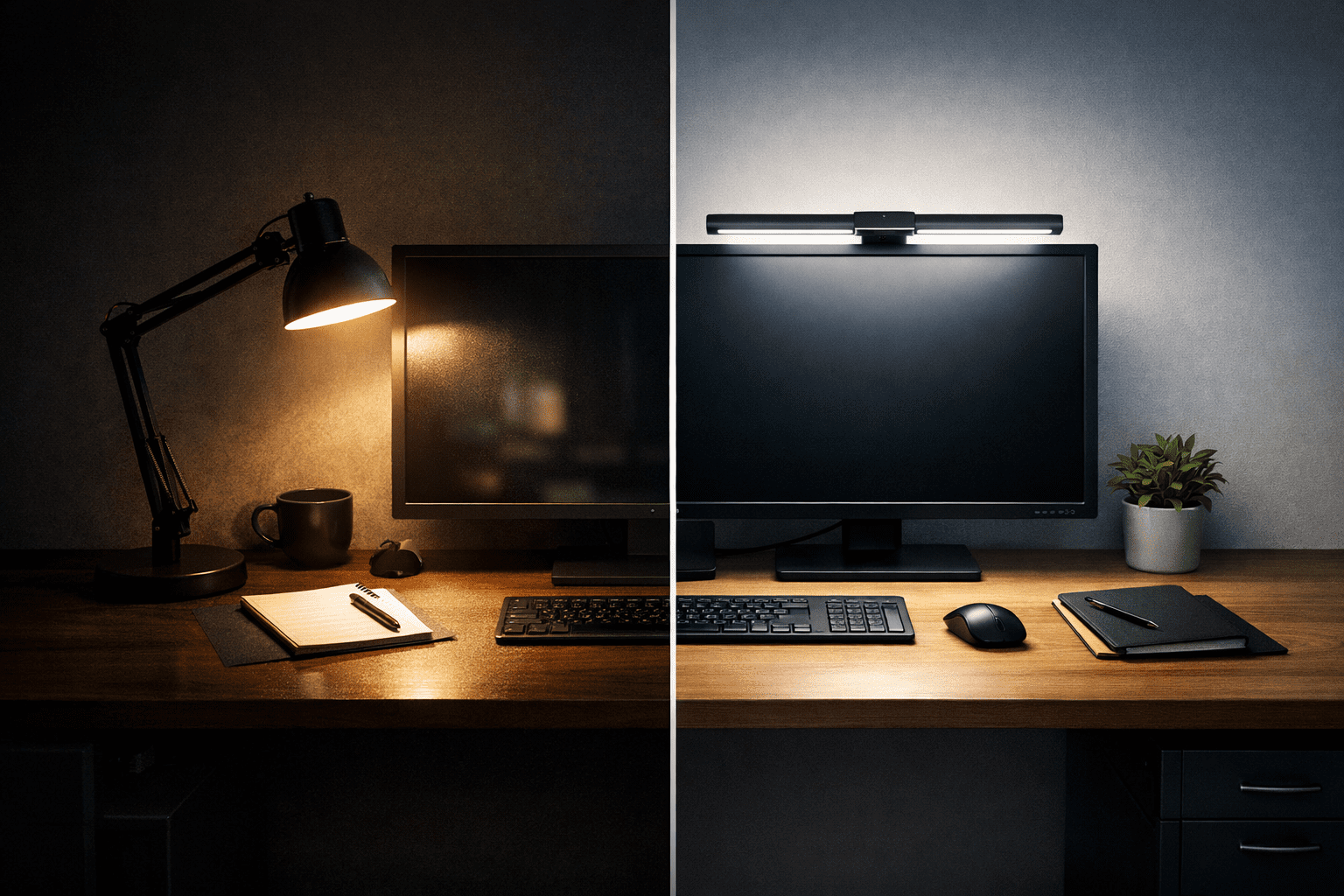 Comparison between a desk lamp and a monitor light bar showing differences in desk lighting comfort during long work hours